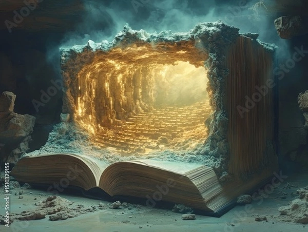 Obraz A Gateway of Knowledge: Exploring a City Within a Book, Illuminated by Wisdom and Wonder, Where Imagination Takes Flight.