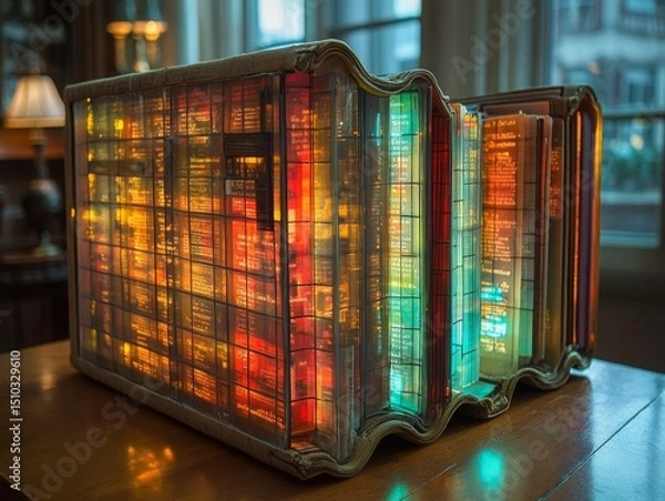 Fototapeta Illuminated Architectural Model: Vibrant Cityscape within Faux Books, Displaying Abstract Urban Design & Rich, Warm Hues on a Polished Wood Surface