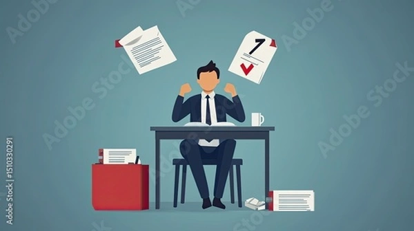 Fototapeta Businessman success at desk concept for office work productivity and achieving goals and tasks done well