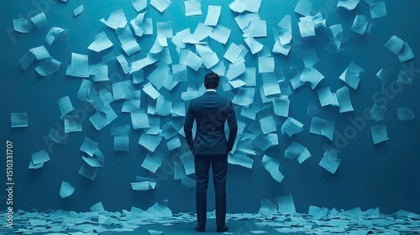 Fototapeta Business man overwhelmed by paperwork documents stress management office work overload concept image