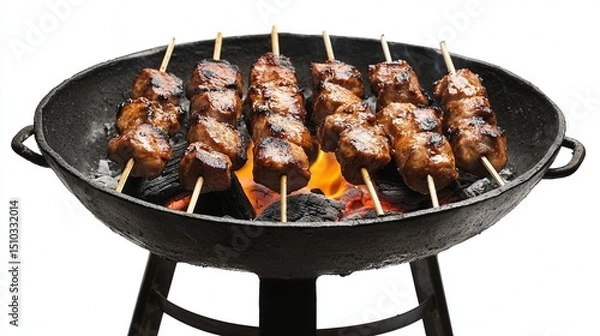 Fototapeta Grilled skewers of meat over hot coals in a cast iron grill
