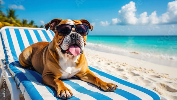 Fototapeta Relaxed bulldog with sunglasses lounges on a sunbed at the beach, funny pet shows tongue out. Summertime vacation and holiday leisure concept