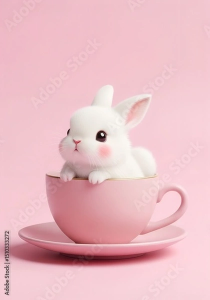 Fototapeta Charming fluffy rabbit nestled in a delicate pink teacup, surrounded by a soft pastel background, showcasing the whimsical beauty of springtime innocence and delightful imagination Generative AI