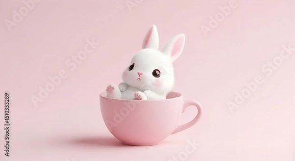 Fototapeta Delightful white bunny peeks out from a soft pink cup in a whimsical and playful setting, showcasing a blend of cuteness and charm that captivates the heart Generative AI