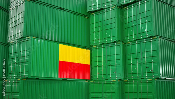 Obraz Cargo shipping container with benin flag, shipping and freight transportation of benin concept.