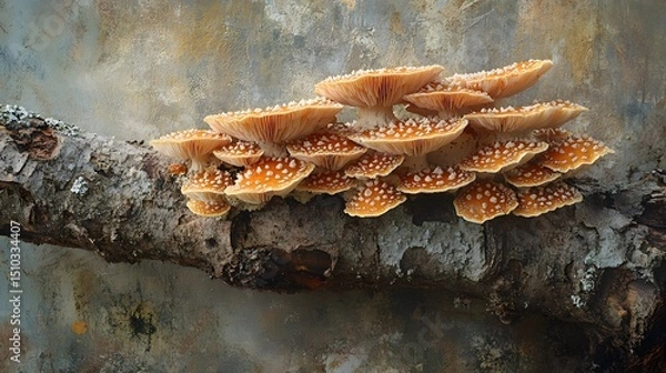 Fototapeta Intricate Natural Scene of Schizophyllum amplum Mushrooms as Poplar Bells on a Weathered Tree Branch in a Floodplain Forest with Soft Sunlight Enhancements