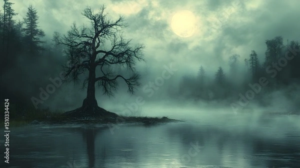 Fototapeta Detailed Surreal Moonlit Forest with Misty Swamp and Solitary Dead Tree Under Ethereal Night Skies