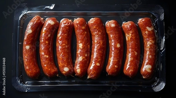 Fototapeta Artistic top-down view of barbecue sausages in a pristine, vacuum-sealed clear plastic pack, emphasizing the exquisite textures and a label-free presentation