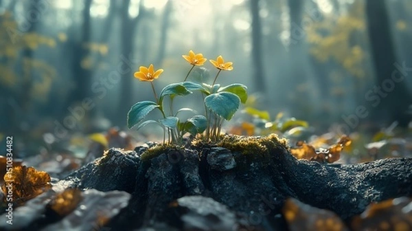 Fototapeta Artistic Transformation and Revival in a Forest Where New Tree Shoots Emerge from Decaying Aged Trunks in a Timeless Cycle