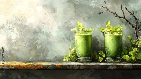 Fototapeta Intricately crafted digital illustration of refreshing green smoothies in stylish glasses set on an aged wooden table with a diffused grey background and a natural wooden branch highlight