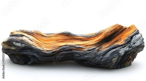 Fototapeta Artistic Aquarium Decoration Showcasing a Distressed Aged Wood Element with Natural Driftwood Textures, Isolated on a White Backdrop and Enhanced by Selective Focus