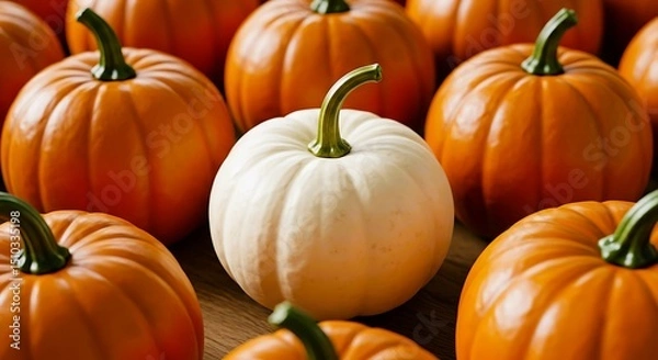 Obraz A white pumpkin stands out among many orange pumpkins, symbolizing individuality and uniqueness for Halloween or Thanksgiving concept