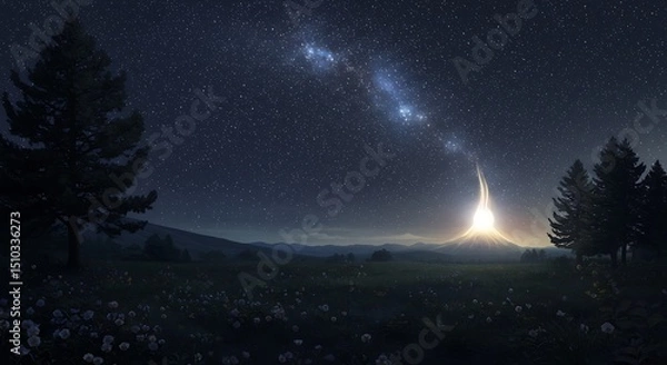 Obraz Night sky with milky way over landscape with glowing light emanating from mountain, a spiritual and mysterious natural phenomenon