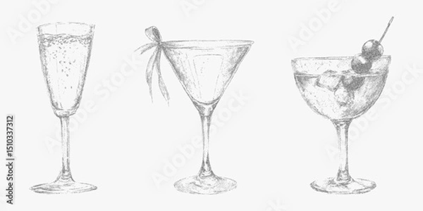 Fototapeta Italian style collection of classic cocktails and drinks with vintage ink sketch. Noisy gritty dot halftone effect and retro pop art stipple vibe for elegant banners.