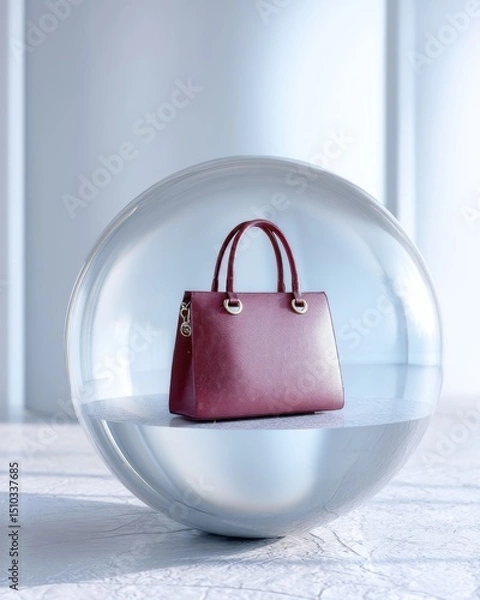 Fototapeta luxury handbag enclosed in floating mirrored sphere, minimal luxury composition, soft shadows