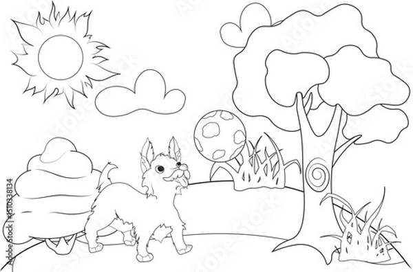 Fototapeta Playful cartoon terrier puppy with a ball, trees, clouds, and sun in an outdoor scene. Simple line art vector coloring page for kids.