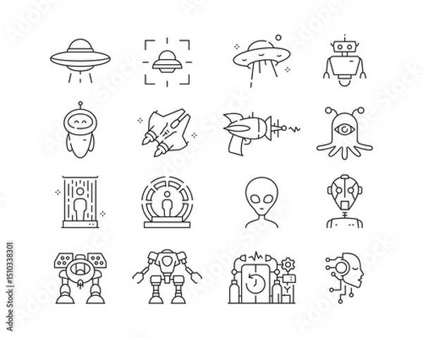 Fototapeta Science Fiction Icon collection containing 16 editable stroke icons. Perfect for logos, stats and infographics. Edit the thickness of the line in Adobe Illustrator (or any vector capable app).