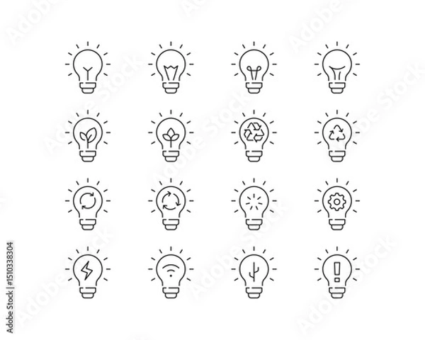 Fototapeta Light bulb concepts Icon collection containing 16 editable stroke icons. Perfect for logos, stats and infographics. Edit the thickness of the line in Adobe Illustrator (or any vector capable app).