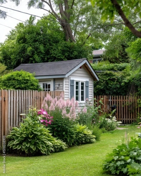 Fototapeta Tiny garden house partly hidden behind lush greenery, wooden fence, and blooming perennials, cozy summer day