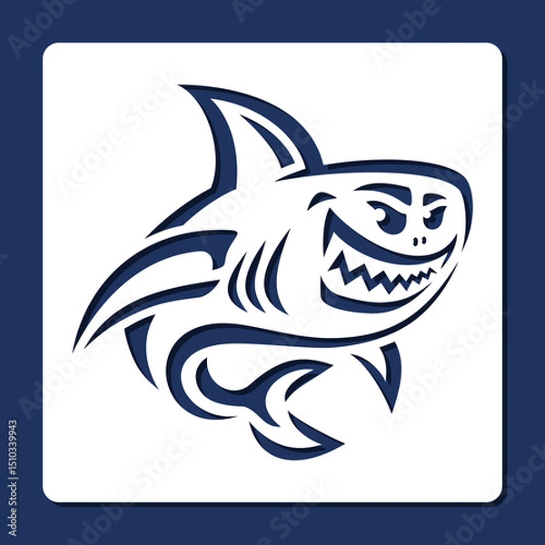 Fototapeta Cartoon stencil shark. Large predatory fish with evil grin, large teeth, dorsal fin. Template for plotter laser cutting of paper, fretwork, wood carving, metal engraving, cnc. Vector illustration.