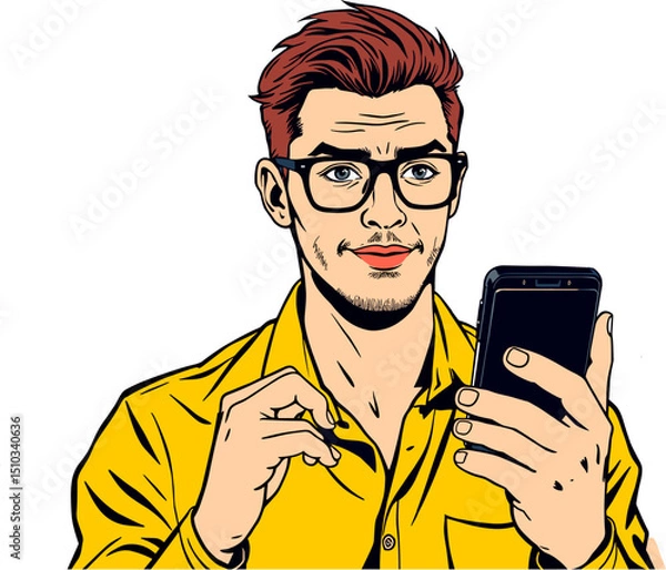 Obraz Vector illustration of a man with a phone checking news, social networks and discounts