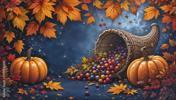 Obraz Autumn background with cornucopia spilling colorful berries and pumpkins 
