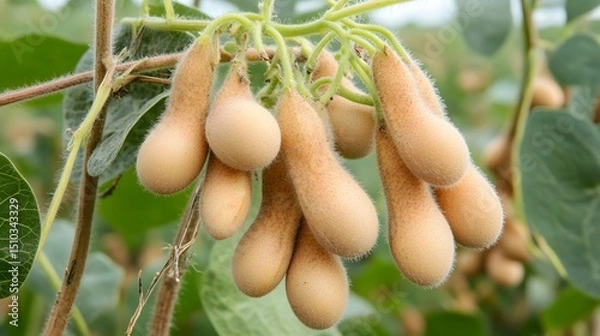 Obraz Soybean Pods Hanging on Plant Branch Close Up