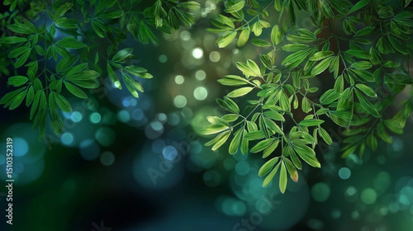 Fototapeta Abstract green foliage with soft bokeh lights, evoking nature's tranquil essence series
