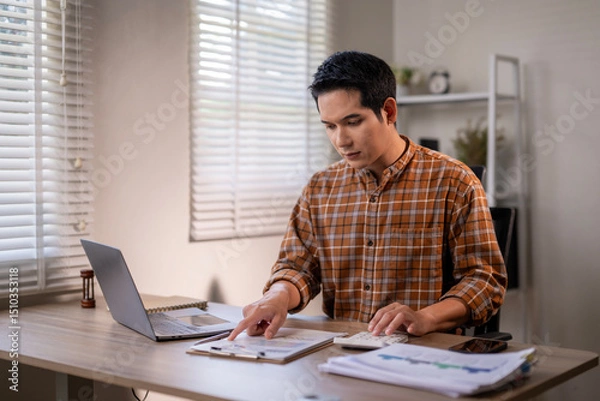Fototapeta A man is sitting at a desk with a laptop and a stack of papers