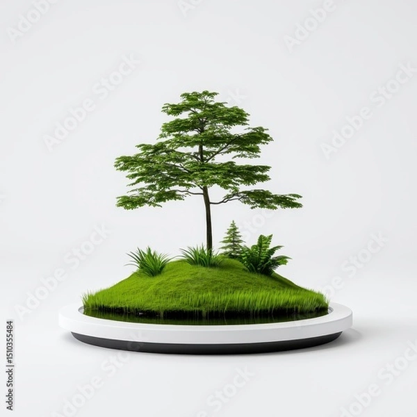 Obraz Pixel Art Tree on Circular Island, White Background