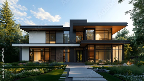 Obraz A 4K photo of modern building in aluminum siding and flat angled roofline and front windows.