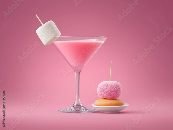 Fototapeta Pink cocktail in a glass garnished with a marshmallow, accompanied by colorful desserts on a plate, set against a soft pink background, creating a vibrant and inviting atmosphere