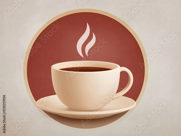 Fototapeta Minimalist illustration of a steaming coffee cup on a saucer, set against a circular background, evoking warmth and comfort in a cozy atmosphere for beverage lovers