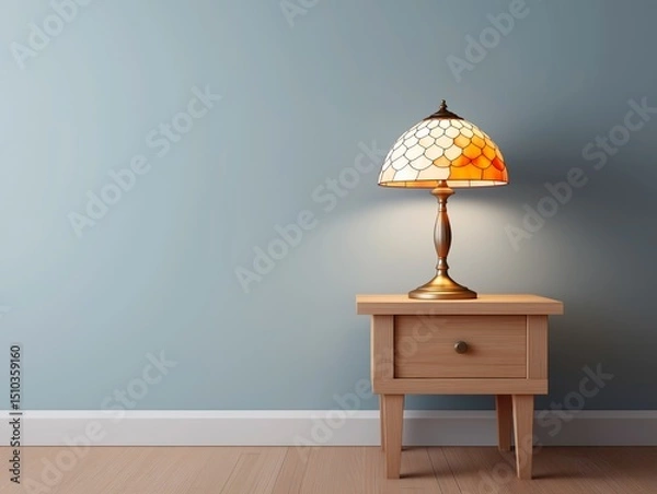 Fototapeta Elegant table lamp with stained glass shade illuminating a wooden nightstand against a soft blue wall, creating a cozy and inviting atmosphere in a modern interior space