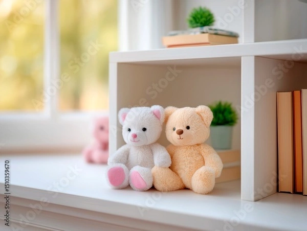 Fototapeta Two adorable plush teddy bears, one white and one light brown, sit on a shelf beside books and a small green plant, creating a cozy and inviting atmosphere in a bright room