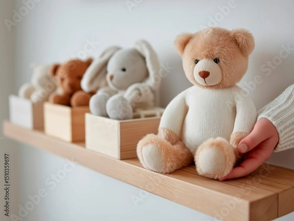 Fototapeta Soft plush teddy bear in light beige color is being held by a hand, surrounded by other stuffed animals on a wooden shelf, creating a cozy and inviting atmosphere