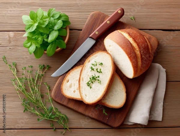 Fototapeta Freshly baked bread on a wooden cutting board, sliced with a sharp knife, garnished with herbs and basil, creating a rustic kitchen atmosphere for culinary inspiration