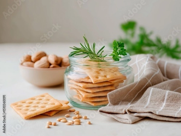 Fototapeta Glass jar filled with crispy crackers, garnished with fresh herbs, surrounded by almonds and seeds on a soft linen cloth, creating a cozy culinary atmosphere