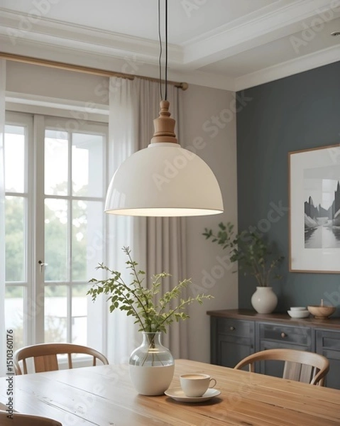 Obraz Scandinavian style pendant light, simple white shade, wood details, over dining table,
modern living room with table