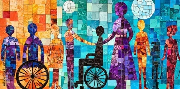 Fototapeta Empowerment through art: symbols of disability on a lively backdrop.