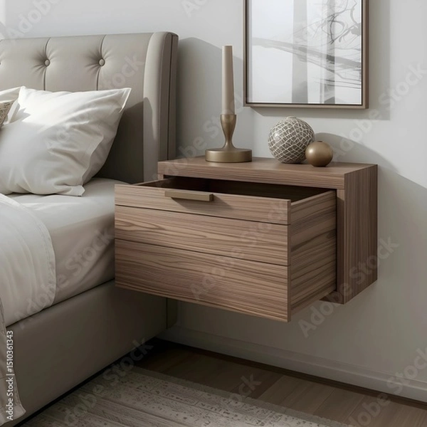 Obraz Minimalist style wall-mounted drawer, handleless design, modern bedroom interior