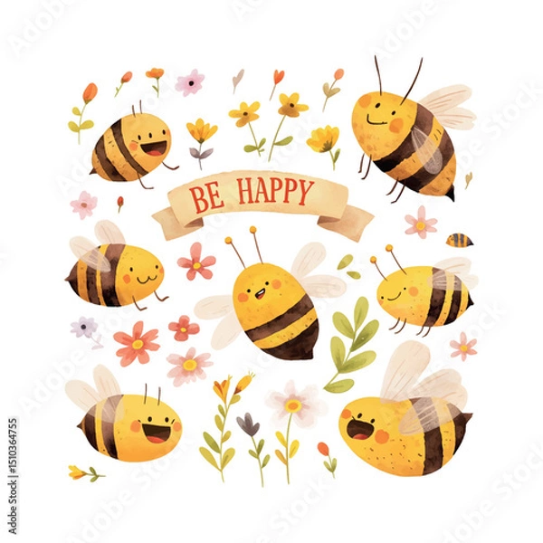 Obraz Cheerful bees gathering flowers in a playful garden setting, bringing joy and positivity to all
