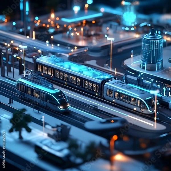 Fototapeta Futuristic City Train Station Night Modern Transportation 3d rail blue dark urban model light lines 