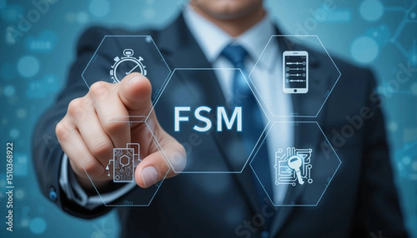 Fototapeta Field Service Management FSM.Business Concept. Business man using virtual touch screen presses abbreviation FSM