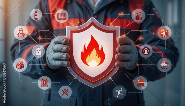 Fototapeta Industrial Smart Automatic Fire Control Extinguisher System. Industry engineer using virtual touchscreen pressing shield fire flame button