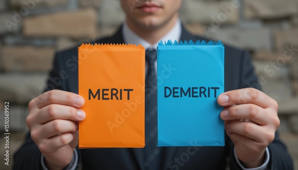 Fototapeta Man holding multi-colored paper cards sees inscription MERIT DEMERIT. Demerit and merit evaluation, advantage and disadvantage in comparison, performance assessment.
