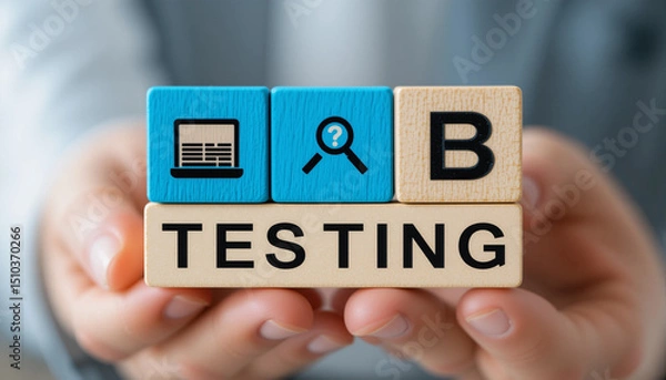 Obraz Man using smartphone and virtual touchscreen sees inscription AB TESTING. AB testing wireframe campaign for web website home homepage. AB Testing Method. Internet pages A-B comparison