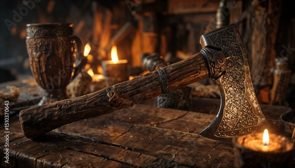 Fototapeta Intricately Carved Medieval Axe with Runic Designs in Warm Candlelight