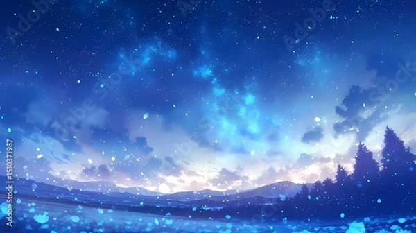 Fototapeta A starry night sky over a serene snow-covered field, with distant mountains shrouded in clouds, evoking a sense of tranquility and awe.