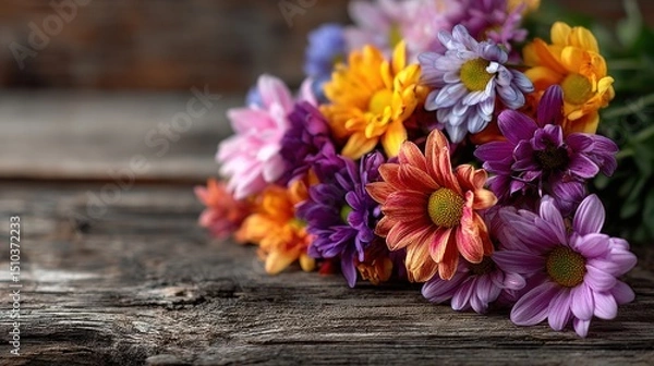 Fototapeta Close-up bunch of fresh colorful flowers on wooden table, empty copyspace on right 